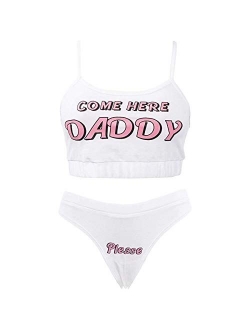 Sexy Women Come Here Daddy Please Print Strappy Lingerie Set 2PCS See Tank Tops and Panty Sets Pajamas Sleepwear