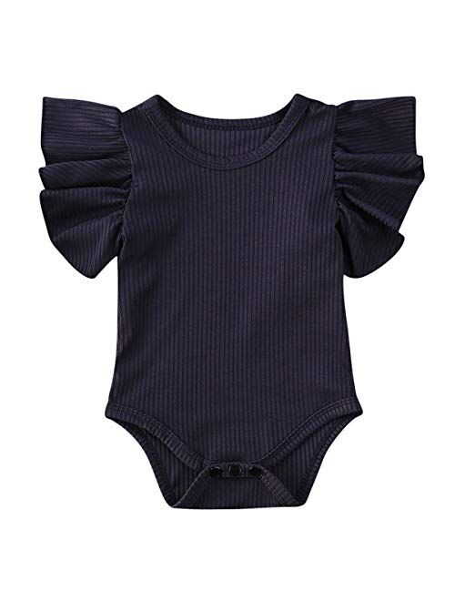 Multitrust Toddler Baby Girl Ruffled Short Sleeve Organic Cotton Bodysuit Romper Solid Casual Tops Onesies Summer Clothes