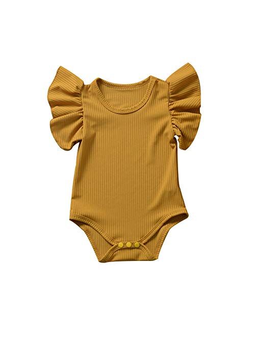 Multitrust Toddler Baby Girl Ruffled Short Sleeve Organic Cotton Bodysuit Romper Solid Casual Tops Onesies Summer Clothes