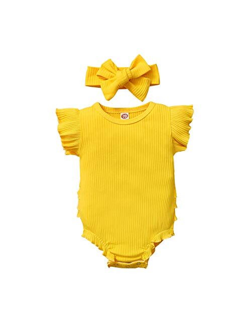 Multitrust Toddler Baby Girl Ruffled Short Sleeve Organic Cotton Bodysuit Romper Solid Casual Tops Onesies Summer Clothes