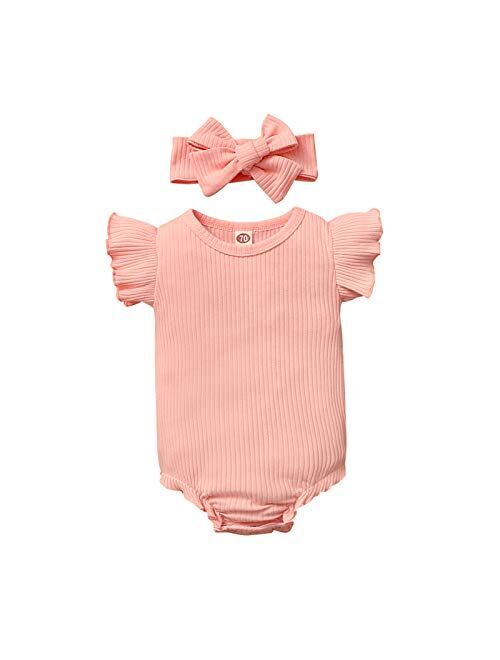 Multitrust Toddler Baby Girl Ruffled Short Sleeve Organic Cotton Bodysuit Romper Solid Casual Tops Onesies Summer Clothes