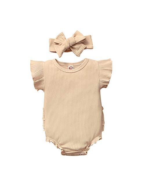 Multitrust Toddler Baby Girl Ruffled Short Sleeve Organic Cotton Bodysuit Romper Solid Casual Tops Onesies Summer Clothes