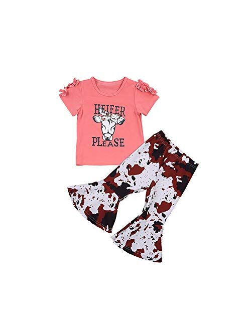 Multitrust Kids Baby Girls Cow Print Funny T Shirts Tops and Bell Bottom Pants Leggings Girls Pants Set Outfits