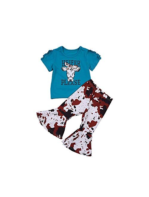 Multitrust Kids Baby Girls Cow Print Funny T Shirts Tops and Bell Bottom Pants Leggings Girls Pants Set Outfits