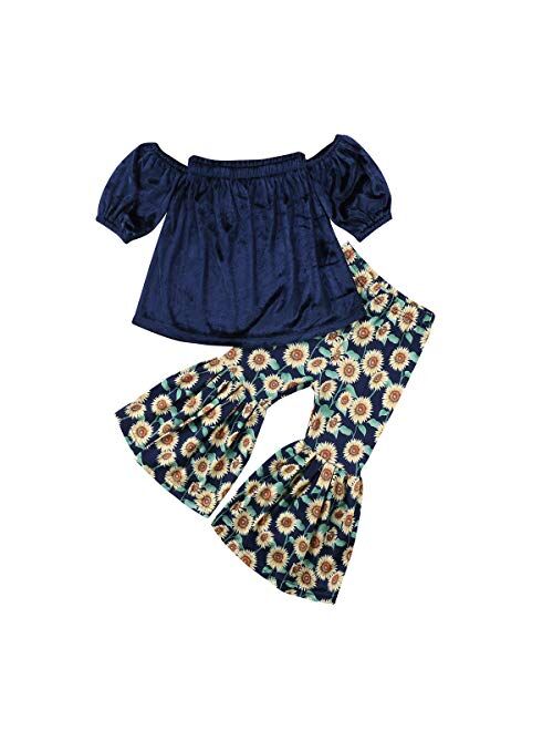 Multitrust Kids Baby Girls Cow Print Funny T Shirts Tops and Bell Bottom Pants Leggings Girls Pants Set Outfits