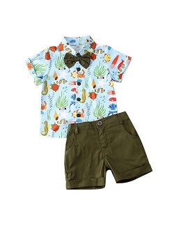 Little Baby Boy Cartoons Print Button Down T Shirt Dress Tops and Shorts Pants Gentlemen Outfit Casual 2pcs Summer Set