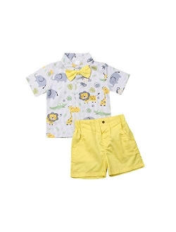 Little Baby Boy Cartoons Print Button Down T Shirt Dress Tops and Shorts Pants Gentlemen Outfit Casual 2pcs Summer Set