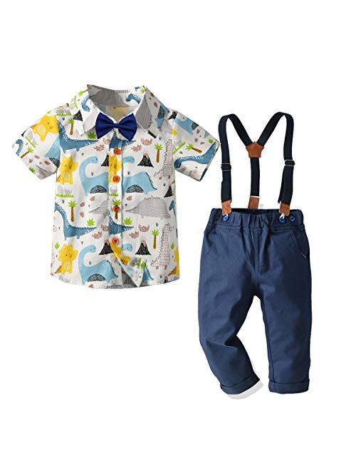 Multitrust Little Baby Boy Cartoons Print Button Down T Shirt Dress Tops and Shorts Pants Gentlemen Outfit Casual 2pcs Summer Set