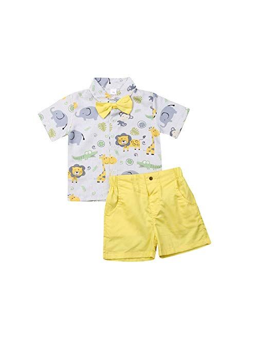 Multitrust Little Baby Boy Cartoons Print Button Down T Shirt Dress Tops and Shorts Pants Gentlemen Outfit Casual 2pcs Summer Set