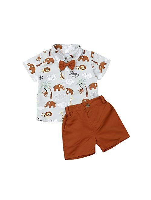 Multitrust Little Baby Boy Cartoons Print Button Down T Shirt Dress Tops and Shorts Pants Gentlemen Outfit Casual 2pcs Summer Set