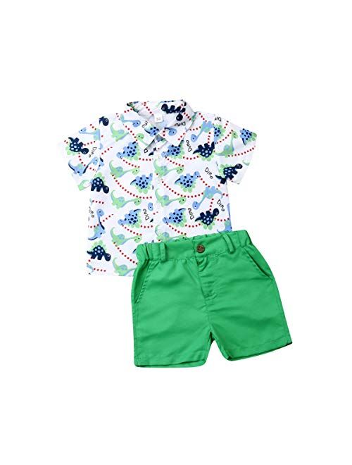 Multitrust Little Baby Boy Cartoons Print Button Down T Shirt Dress Tops and Shorts Pants Gentlemen Outfit Casual 2pcs Summer Set