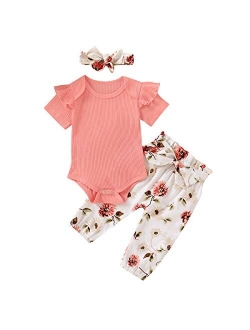 Newborn Baby Girl Organic Cotton Ruffled Long Sleeve Bodysuit Tops   Floral Harem Pants Baby Clothes Set