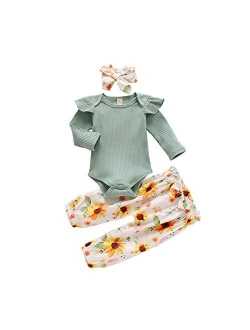 Newborn Baby Girl Organic Cotton Ruffled Long Sleeve Bodysuit Tops   Floral Harem Pants Baby Clothes Set