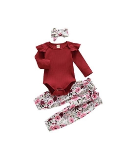 Newborn Baby Girl Organic Cotton Ruffled Long Sleeve Bodysuit Tops   Floral Harem Pants Baby Clothes Set