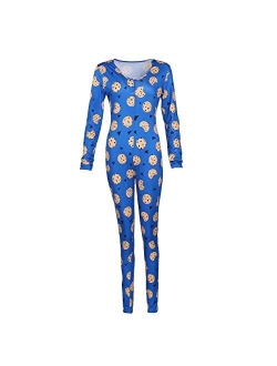 Women V Neck Funny Print One Piece Jumpsuit Bodycon Zipper Full Length Long Sleeve Stretch Bodysuits Clubwear