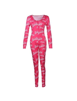 Women V Neck Funny Print One Piece Jumpsuit Bodycon Zipper Full Length Long Sleeve Stretch Bodysuits Clubwear