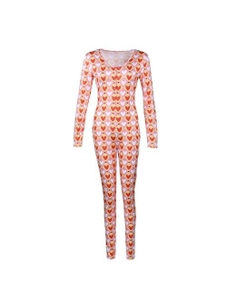 Women V Neck Funny Print One Piece Jumpsuit Bodycon Zipper Full Length Long Sleeve Stretch Bodysuits Clubwear