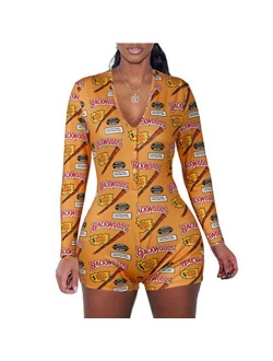 Women V Neck Funny Print One Piece Jumpsuit Bodycon Zipper Full Length Long Sleeve Stretch Bodysuits Clubwear