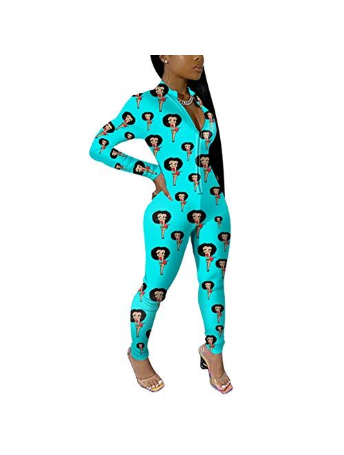 Multitrust Women V Neck Funny Print One Piece Jumpsuit Bodycon Zipper Full Length Long Sleeve Stretch Bodysuits Clubwear