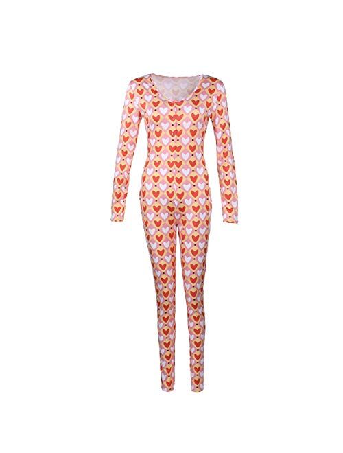 Multitrust Women V Neck Funny Print One Piece Jumpsuit Bodycon Zipper Full Length Long Sleeve Stretch Bodysuits Clubwear