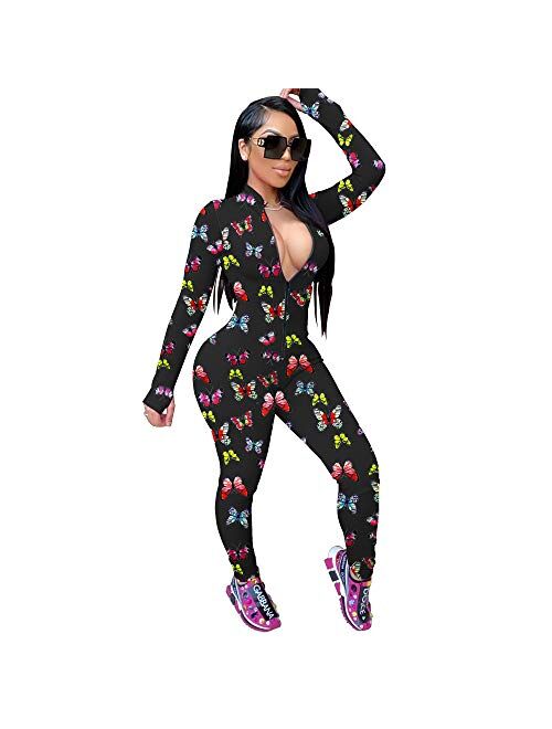 Multitrust Women V Neck Funny Print One Piece Jumpsuit Bodycon Zipper Full Length Long Sleeve Stretch Bodysuits Clubwear