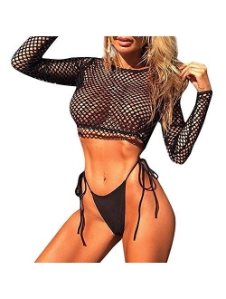 Women Sexy See Through Mesh Fishnet T-Shirt Crop Top Long Sleeve Swimsuit Cover Up Blouse