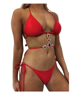 Sexy Women Halter Crystal Diamond Two Piece Bikini Set Tie Up Thong Bottom Bathing Suit