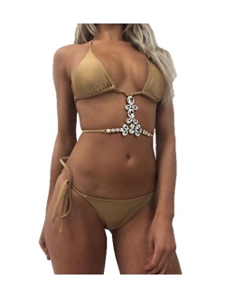 Sexy Women Halter Crystal Diamond Two Piece Bikini Set Tie Up Thong Bottom Bathing Suit