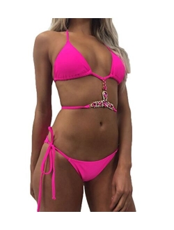 Sexy Women Halter Crystal Diamond Two Piece Bikini Set Tie Up Thong Bottom Bathing Suit