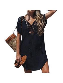 Women Crochet Deep V Neck Cover Up Dress Kaftan Hallow Out Bikini Swimwear Cover-Ups