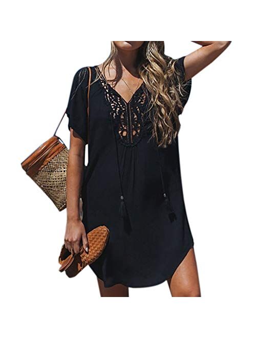 Multitrust Women Crochet Deep V Neck Cover Up Dress Kaftan Hallow Out Bikini Swimwear Cover-Ups