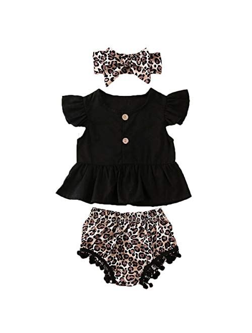 Multitrust Toddler Baby Girls Button Ruffled Sleeve Shirts Tops and High Waisted Shorts with Headband Baby Girl Outfits