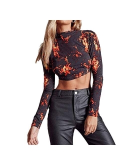 Women Girls Y2K Gothic Graphic Print Crop T Shirts Tops Sexy Backless E-Girl Long Sleeve Crop Tee Streetwear