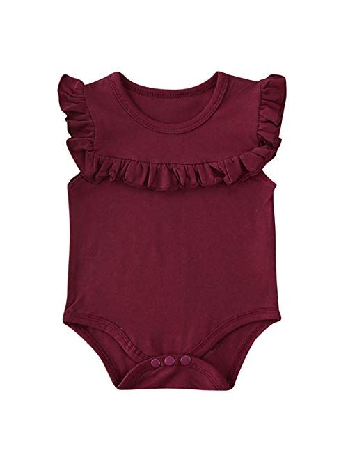 Multitrust Toddler Baby Girl Ruffled Sleeveless Organic Cotton Bodysuit Romper Solid Tops Onesies Summer Clothes