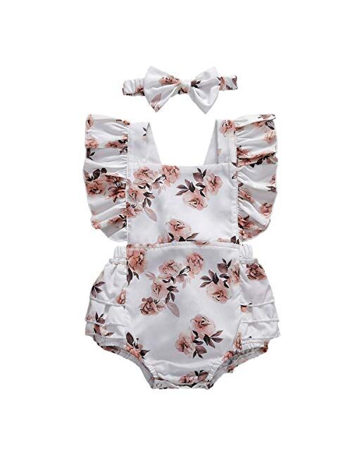 Multitrust Infant Baby Girls Floral Ruffled Sleeveless Romper Bodysuit wit Headband One Piece Onesie Jumpsuit Outfits