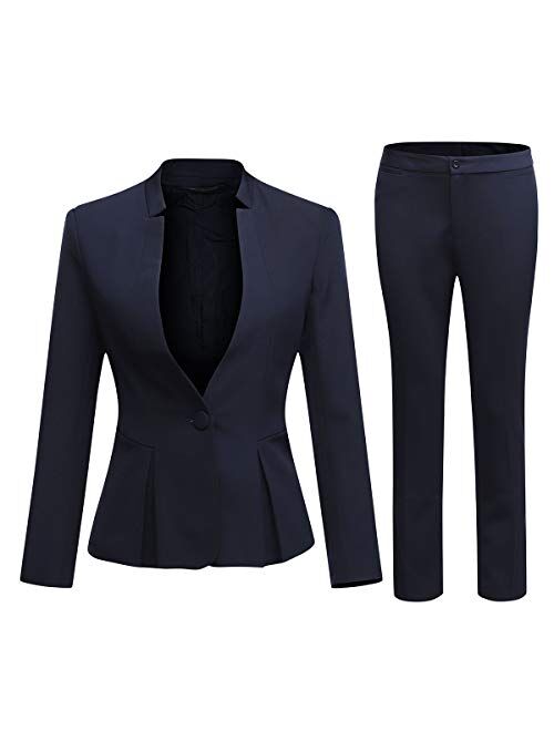 Women's Business Office 1 Button Blazer Jacket and Pants Suit Set