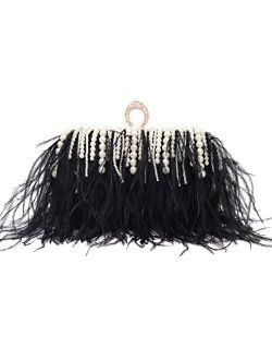 ZAKIA Ostrich Feather with Beads Pearls Bag Clutches Evening Bag for Women Gatsby Bag Wedding Cocktail Birthday Party Purse