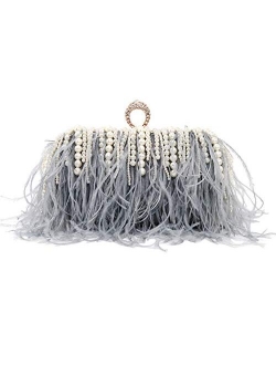 ZAKIA Ostrich Feather with Beads Pearls Bag Clutches Evening Bag for Women Gatsby Bag Wedding Cocktail Birthday Party Purse