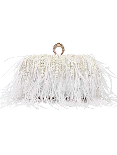 ZAKIA Ostrich Feather with Beads Pearls Bag Clutches Evening Bag for Women Gatsby Bag Wedding Cocktail Birthday Party Purse