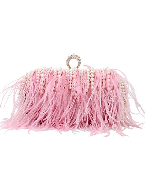 ZAKIA Ostrich Feather with Beads Pearls Bag Clutches Evening Bag for Women Gatsby Bag Wedding Cocktail Birthday Party Purse