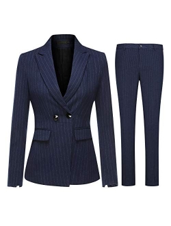 Women's 2 Piece Office Lady Stripes Business Suit Set Slim Fit Blazer Jacket Pant