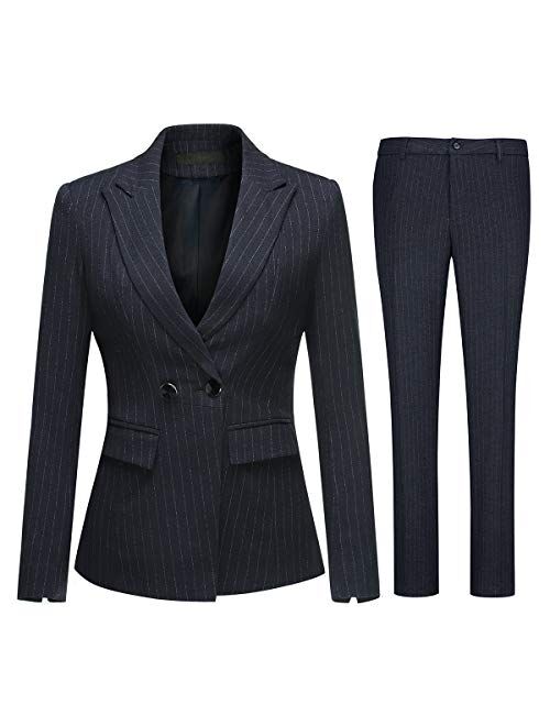 Women's 2 Piece Office Lady Stripes Business Suit Set Slim Fit Blazer Jacket Pant