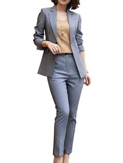 Women's Two Piece Plaid Open Front Long Sleeve Blazer and Elastic Waist Pant Set Suit