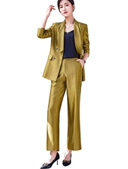 Women's Two Piece Plaid Open Front Long Sleeve Blazer and Elastic Waist Pant Set Suit