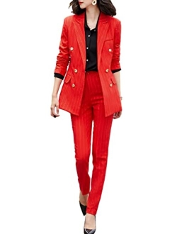 Women's Two Piece Plaid Open Front Long Sleeve Blazer and Elastic Waist Pant Set Suit