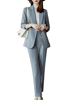 Women's Two Piece Plaid Open Front Long Sleeve Blazer and Elastic Waist Pant Set Suit