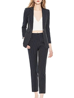 Women's Two Piece Plaid Open Front Long Sleeve Blazer and Elastic Waist Pant Set Suit