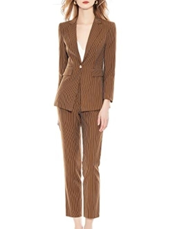 Women's Two Piece Plaid Open Front Long Sleeve Blazer and Elastic Waist Pant Set Suit