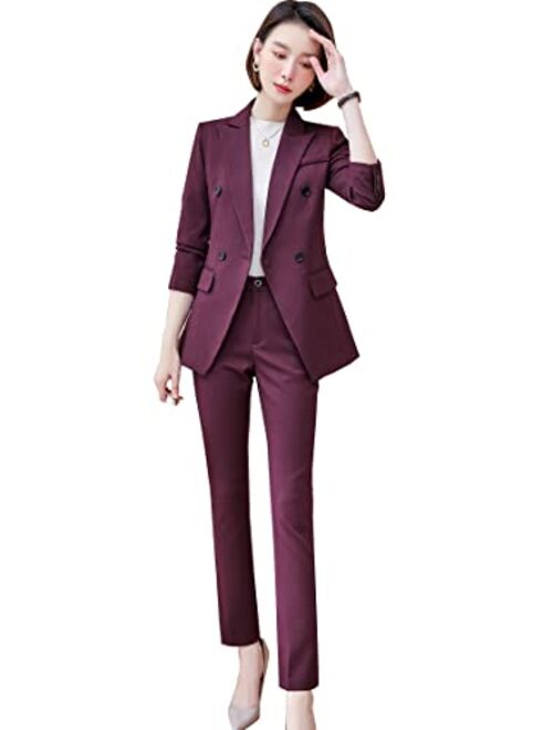 SUSIELADY Women's Two Piece Plaid Open Front Long Sleeve Blazer and Elastic Waist Pant Set Suit