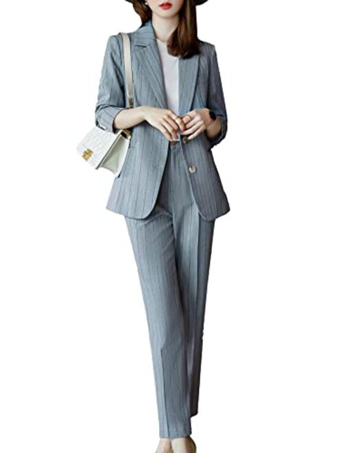 SUSIELADY Women's Two Piece Plaid Open Front Long Sleeve Blazer and Elastic Waist Pant Set Suit